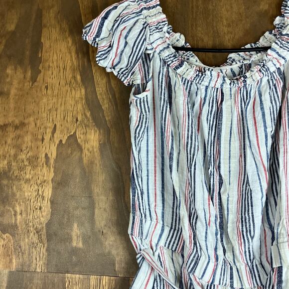 LOFT Beach Womens Romper Tan Multi Striped Linen Blend Smock Neck Flutter M - Picture 4 of 12
